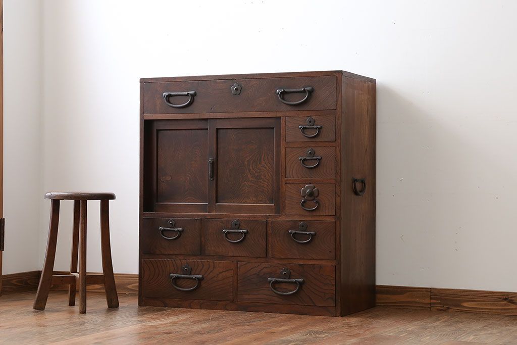 アンティーク家具　古民具・骨董　三方欅材の帳場箪笥