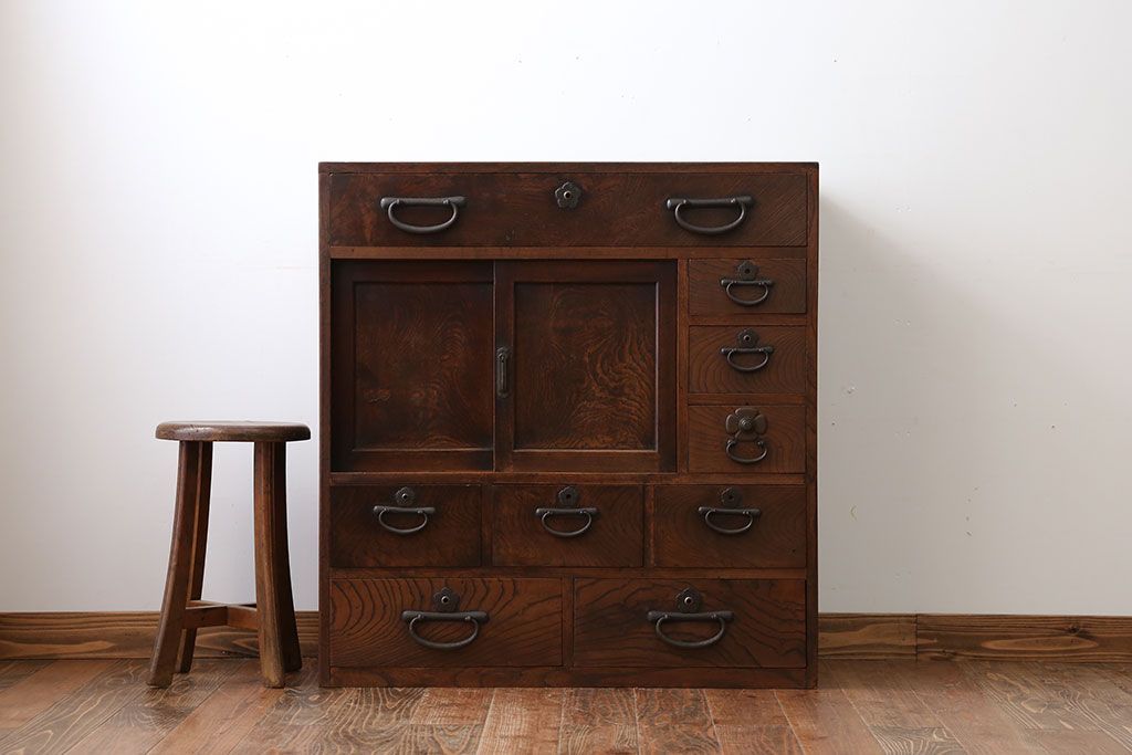 アンティーク家具　古民具・骨董　三方欅材の帳場箪笥