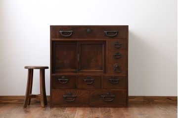 アンティーク家具　古民具・骨董　三方欅材の帳場箪笥