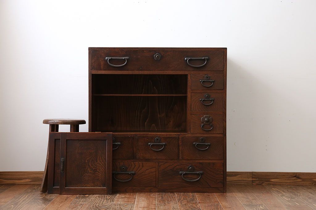 アンティーク家具　古民具・骨董　三方欅材の帳場箪笥