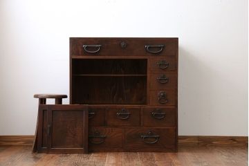 アンティーク家具　古民具・骨董　三方欅材の帳場箪笥
