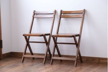 アンティーク家具　イギリスアンティーク　古い木製のフォールディングチェア2脚セット(1)