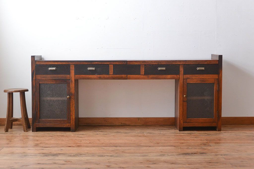 アンティーク家具　アンティーク　特大!古い木製のダイヤガラス入りカウンターテーブル