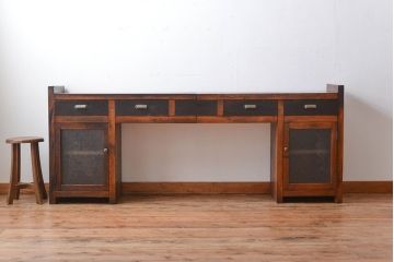 アンティーク家具　アンティーク　特大!古い木製のダイヤガラス入りカウンターテーブル