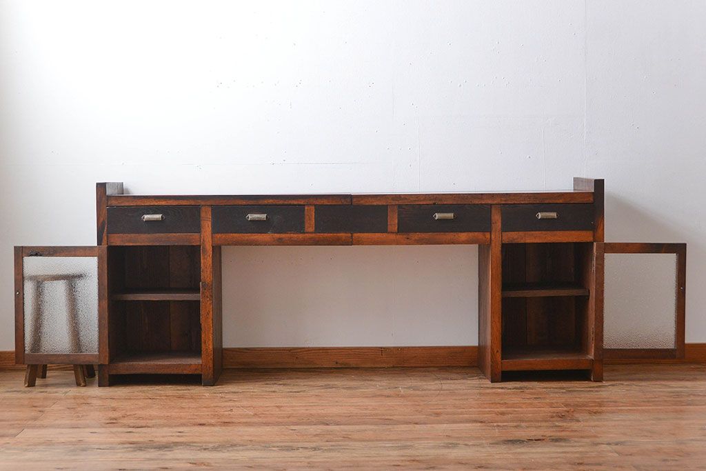 アンティーク家具　アンティーク　特大!古い木製のダイヤガラス入りカウンターテーブル