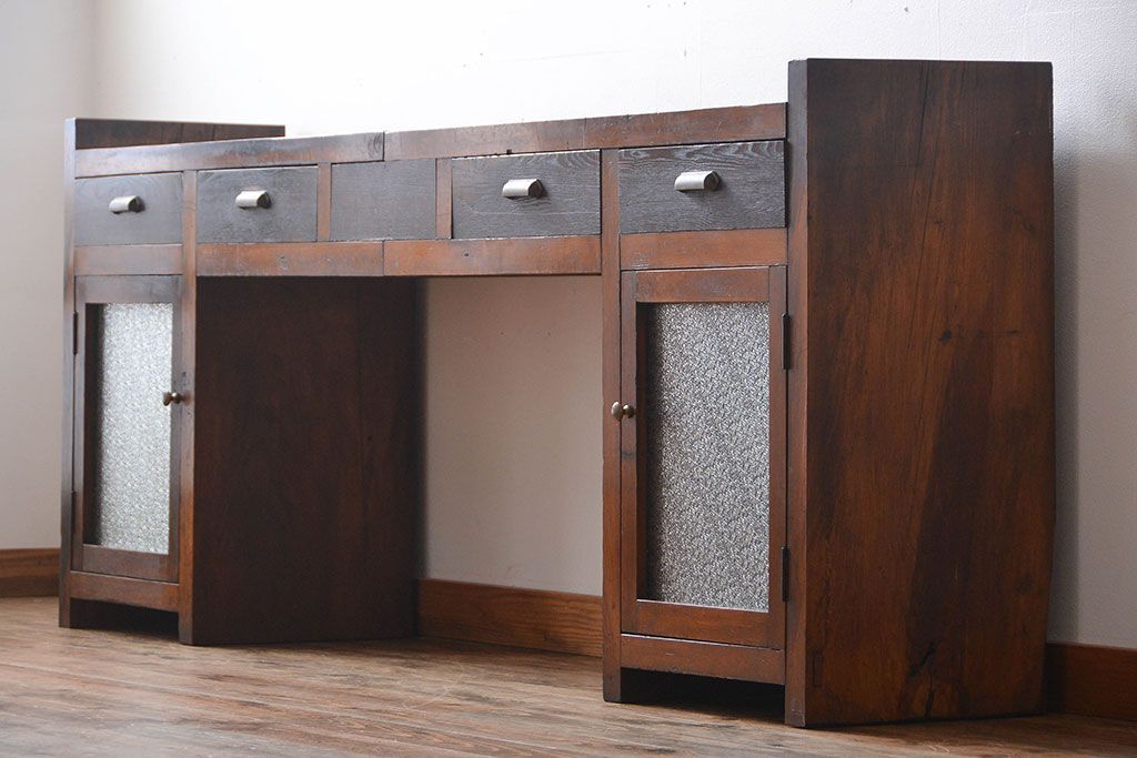 アンティーク家具　アンティーク　特大!古い木製のダイヤガラス入りカウンターテーブル