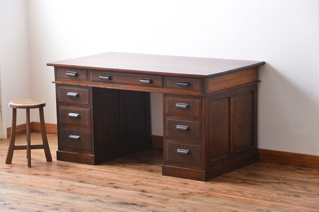 アンティーク家具　アンティーク　総無垢ナラ材の組み立て式両袖机