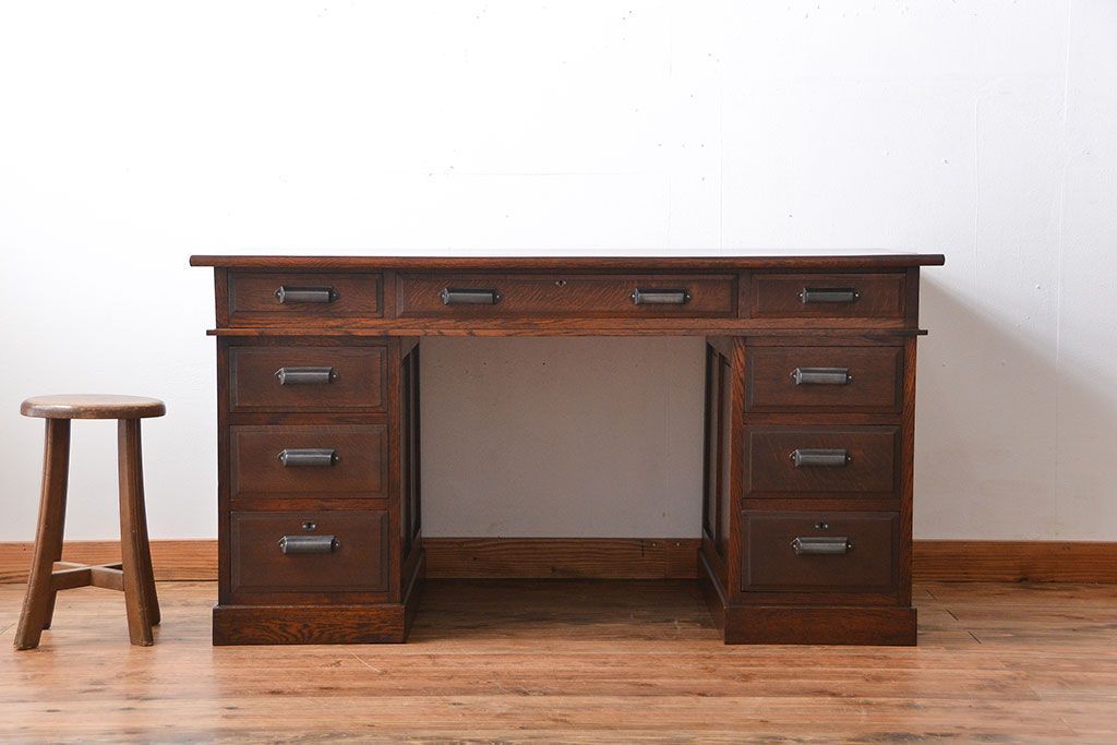 アンティーク家具　アンティーク　総無垢ナラ材の組み立て式両袖机