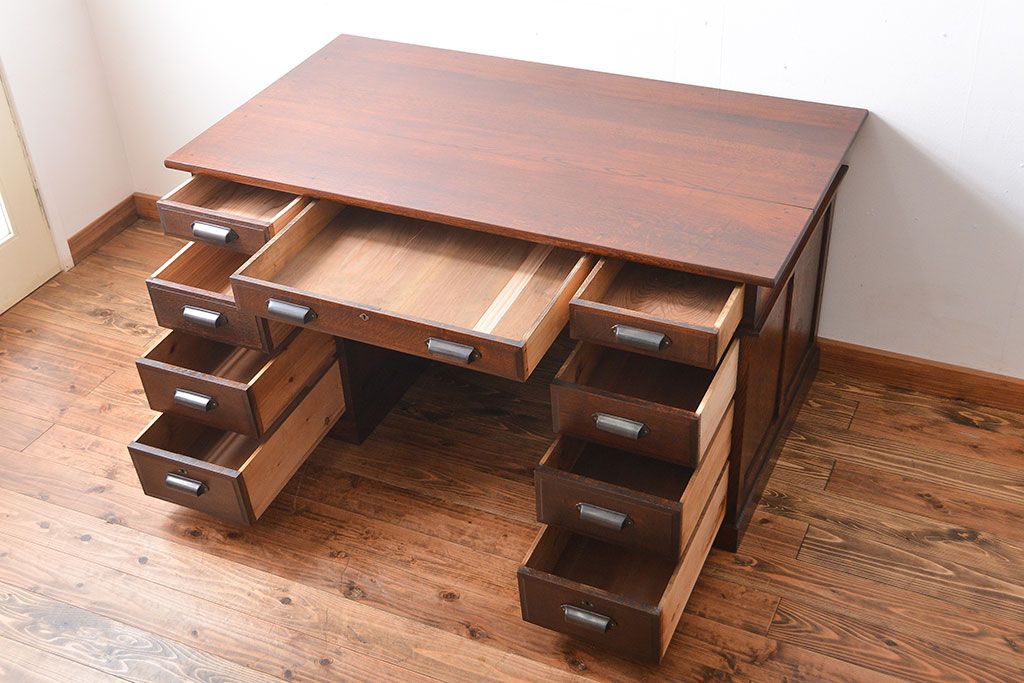 アンティーク家具　アンティーク　総無垢ナラ材の組み立て式両袖机