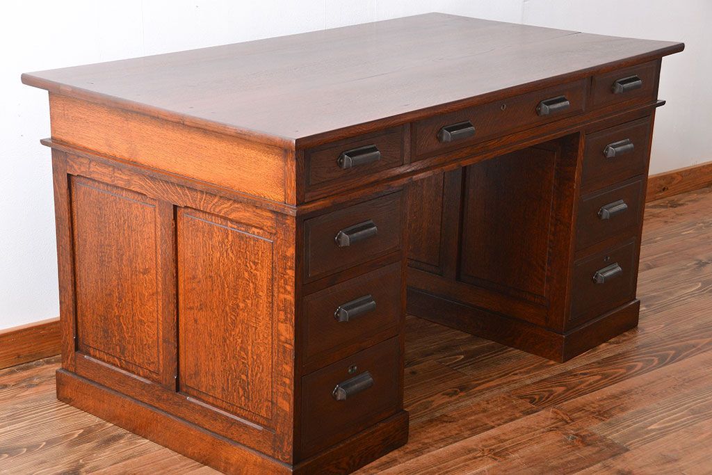 アンティーク家具　アンティーク　総無垢ナラ材の組み立て式両袖机