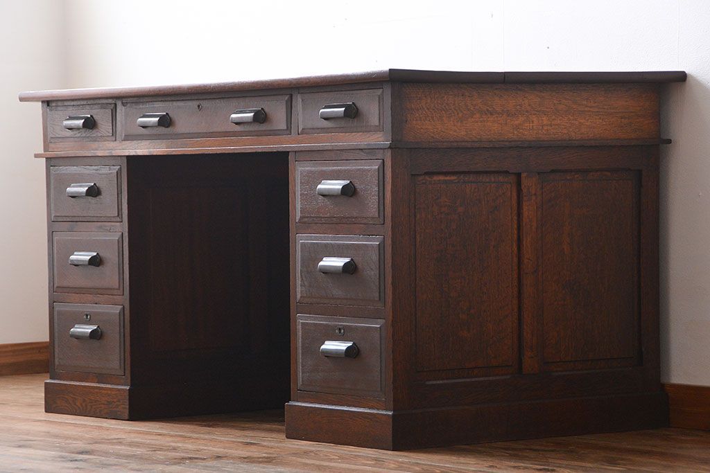 アンティーク家具　アンティーク　総無垢ナラ材の組み立て式両袖机