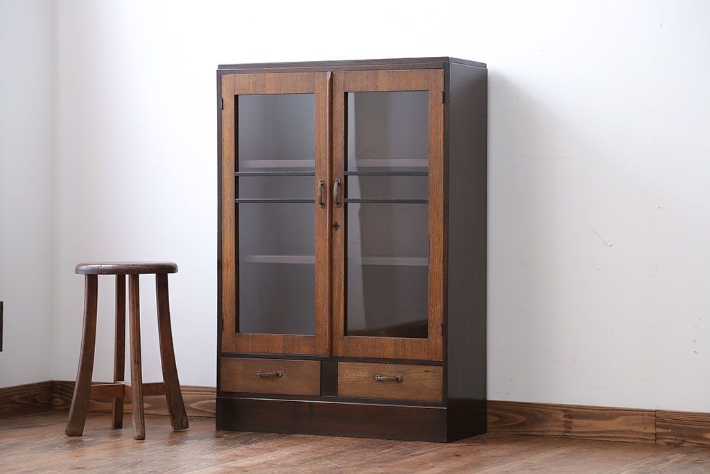 レトロ家具　昭和レトロ　引き出し2杯付き!古い木製の本箱