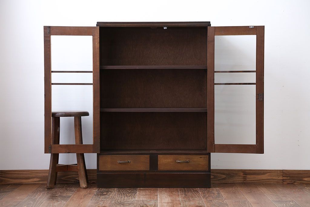 レトロ家具　昭和レトロ　引き出し2杯付き!古い木製の本箱