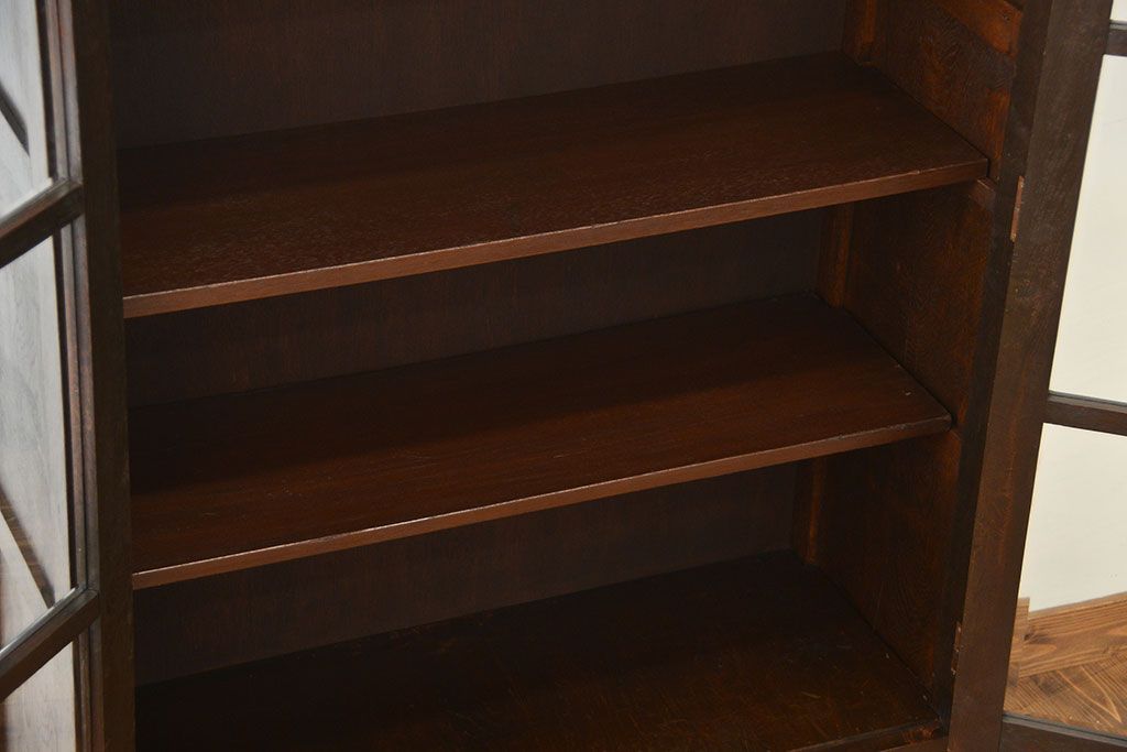 アンティーク家具　アンティーク　面取りガラス観音扉の引き出し2杯付き本箱