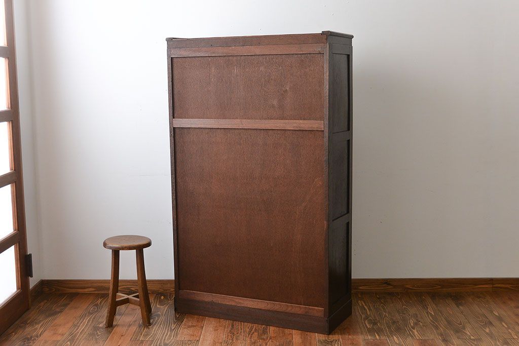 アンティーク家具　アンティーク　面取りガラス観音扉の引き出し2杯付き本箱