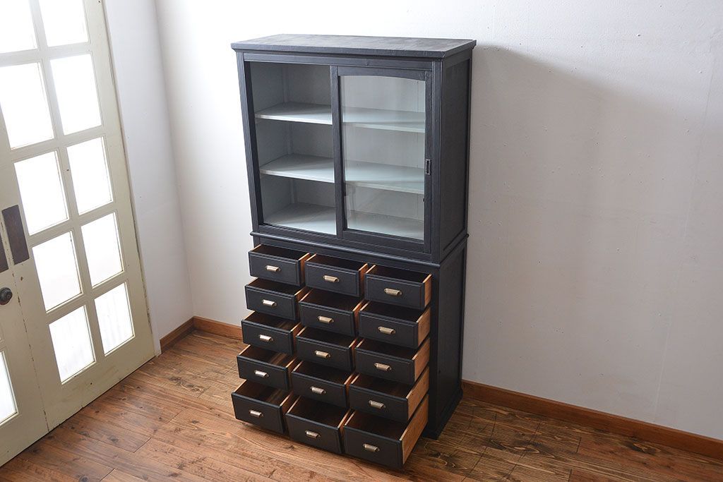 アンティーク 引出し5杯 本棚 古家具 収納棚 ブラック レトロ 【品質