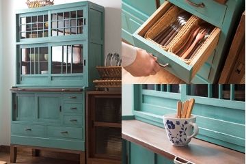 アンティーク家具　アンティークペイント　脚付きのおしゃれなキッチンキャビネット