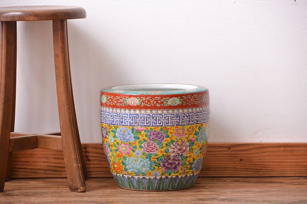 アンティーク雑貨　古民具・骨董　大正〜昭和初期　 十錦手火鉢 (手焙り)