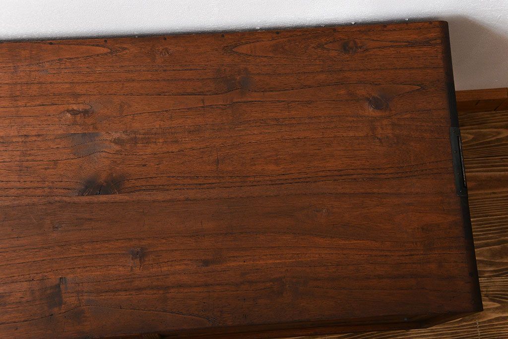 アンティーク家具　アンティーク　モールガラス入り!古い桐材の鉄脚付きローボード