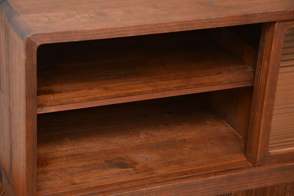 アンティーク家具　アンティーク　モールガラス入り!古い桐材の鉄脚付きローボード