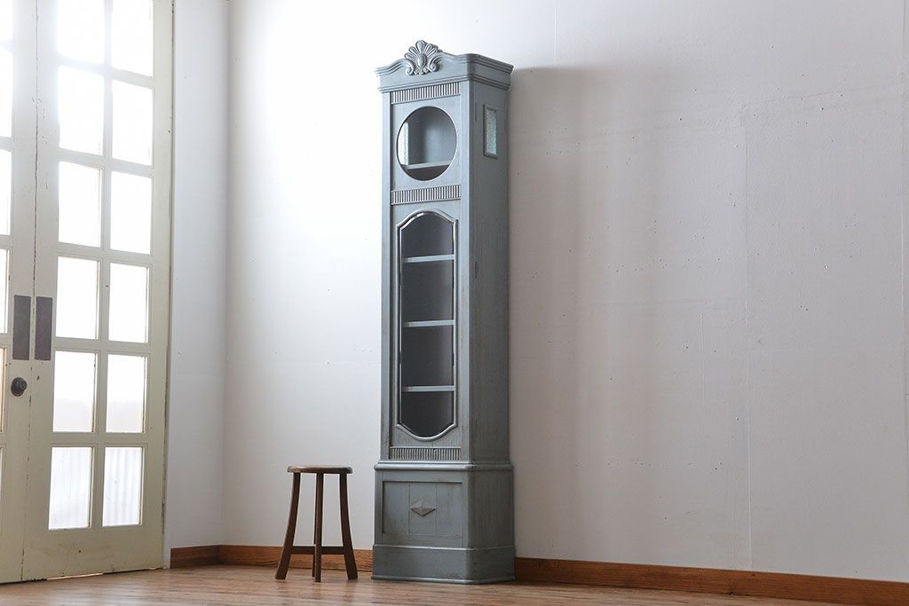 アンティーク家具　アンティークペイント　大きな古いホールクロック収納棚