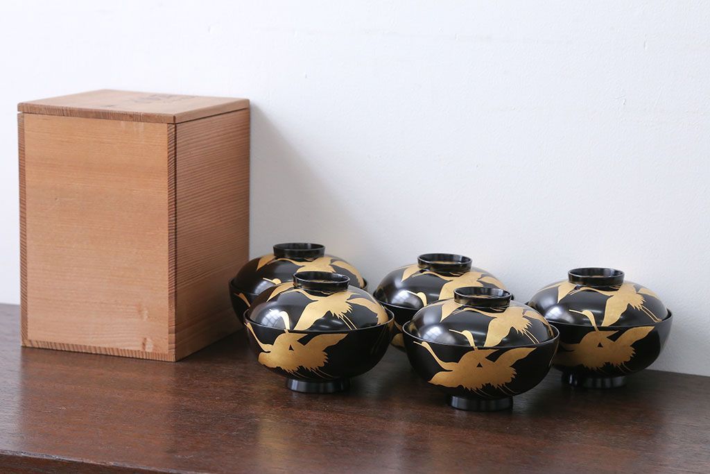 アンティーク雑貨　瑾斎作 金蒔絵木製お椀 5客