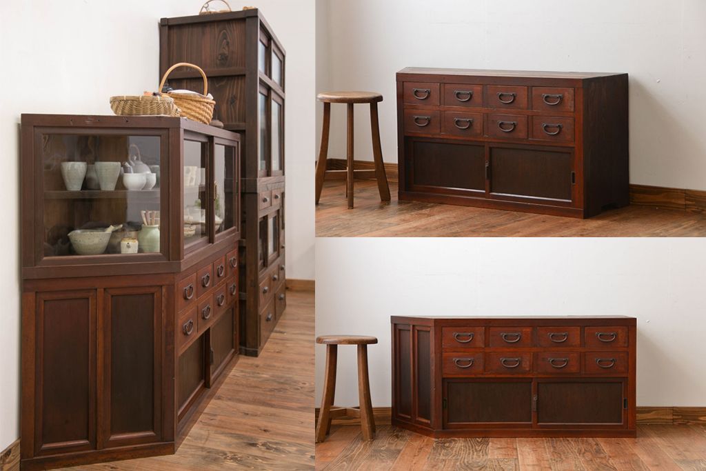 アンティーク家具　アンティーク　引き出し8杯付き!引き戸収納棚(薬箪笥)