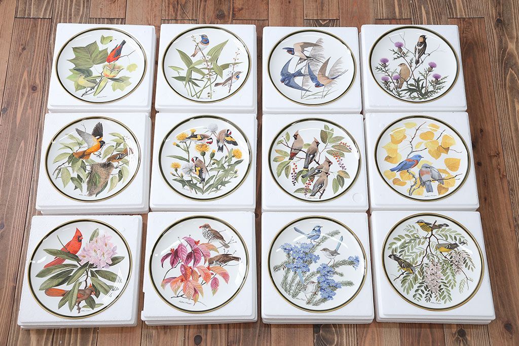 アンティーク雑貨　Franklin Pocelain(フランクリン・ポーセリン)世界の鳴き鳥シリーズ　飾皿12枚セット(1枚あたり定価17500円)