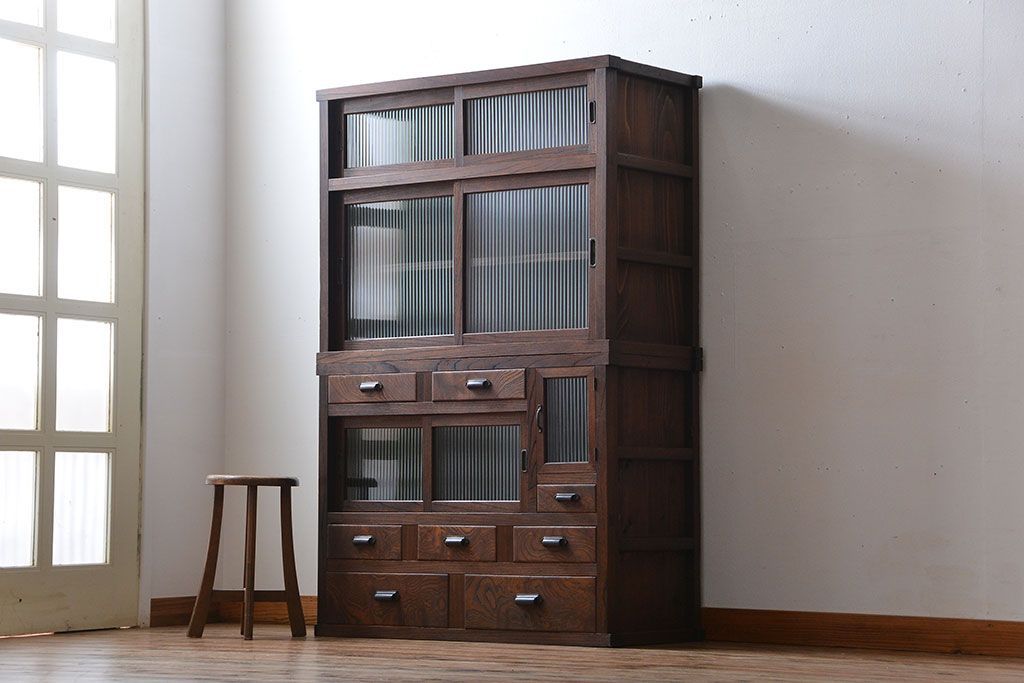 アンティーク家具　アンティーク　モールガラス入り!古い木製の縦型重ね収納棚