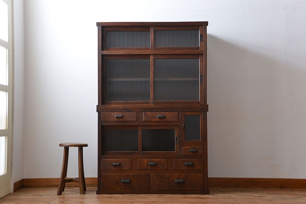 アンティーク家具　アンティーク　モールガラス入り!古い木製の縦型重ね収納棚