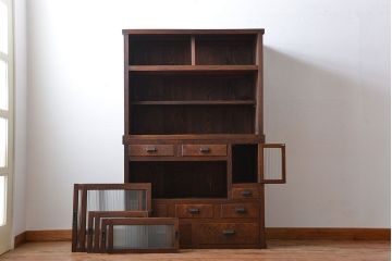 アンティーク家具　アンティーク　モールガラス入り!古い木製の縦型重ね収納棚