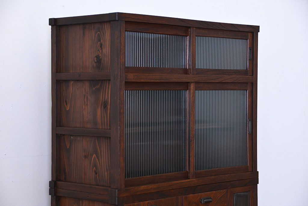 アンティーク家具　アンティーク　モールガラス入り!古い木製の縦型重ね収納棚