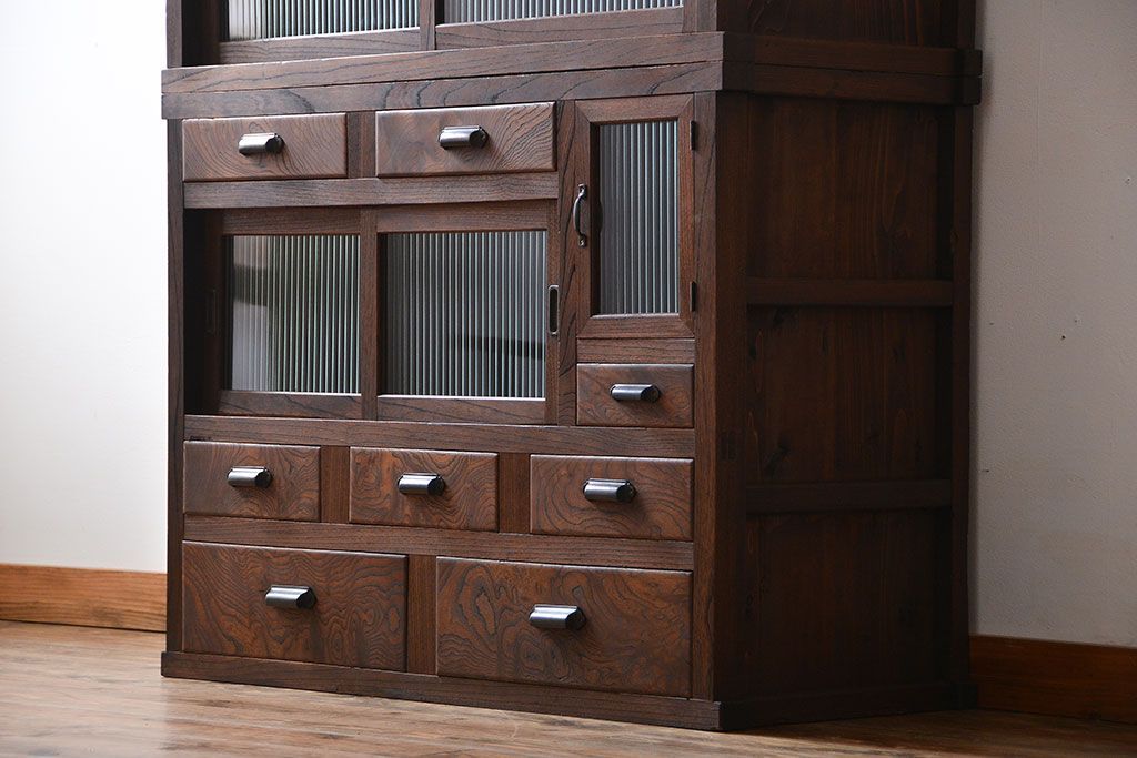 アンティーク家具　アンティーク　モールガラス入り!古い木製の縦型重ね収納棚