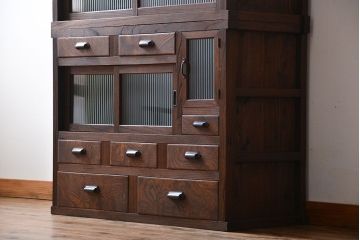 アンティーク家具　アンティーク　モールガラス入り!古い木製の縦型重ね収納棚