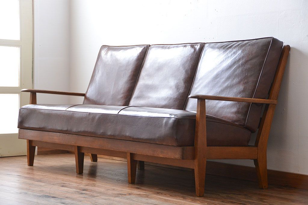 レトロ家具　昭和レトロ　古いナラ材!和製アンティークの3人掛けソファ