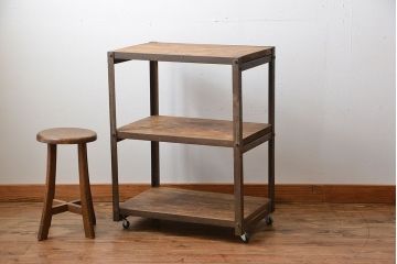 レトロ家具　昭和レトロ　古材と古いアイアンのアンティークキャスターワゴン