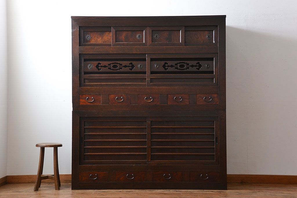 アンティーク家具　古民具・骨董　2段重ねアンティーク五尺水屋箪笥