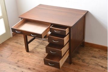 アンティーク家具　和製アンティーク　古いナラ材のシンプルなデスク(片袖机)