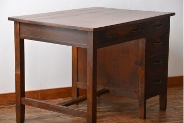 アンティーク家具　和製アンティーク　古いナラ材のシンプルなデスク(片袖机)