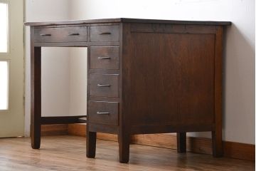 アンティーク家具　和製アンティーク　古いナラ材のシンプルなデスク(片袖机)