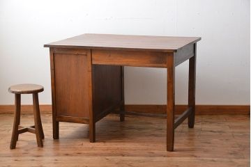 アンティーク家具　和製アンティーク　古いナラ材のシンプルなデスク(片袖机)