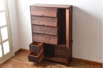 アンティーク家具　和製アンティーク　引き戸・引き出し付き!変わり型木製パタパタ下駄箱