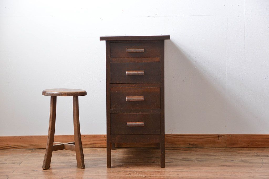 アンティーク家具　和製アンティーク　古い木製のデスクサイドキャビネット(4杯引き出し)