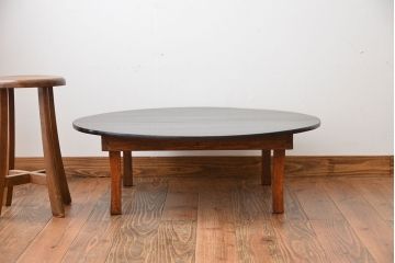 アンティーク家具　和モダンスタイル　天板ブラック塗装!古い木製の丸ちゃぶ台