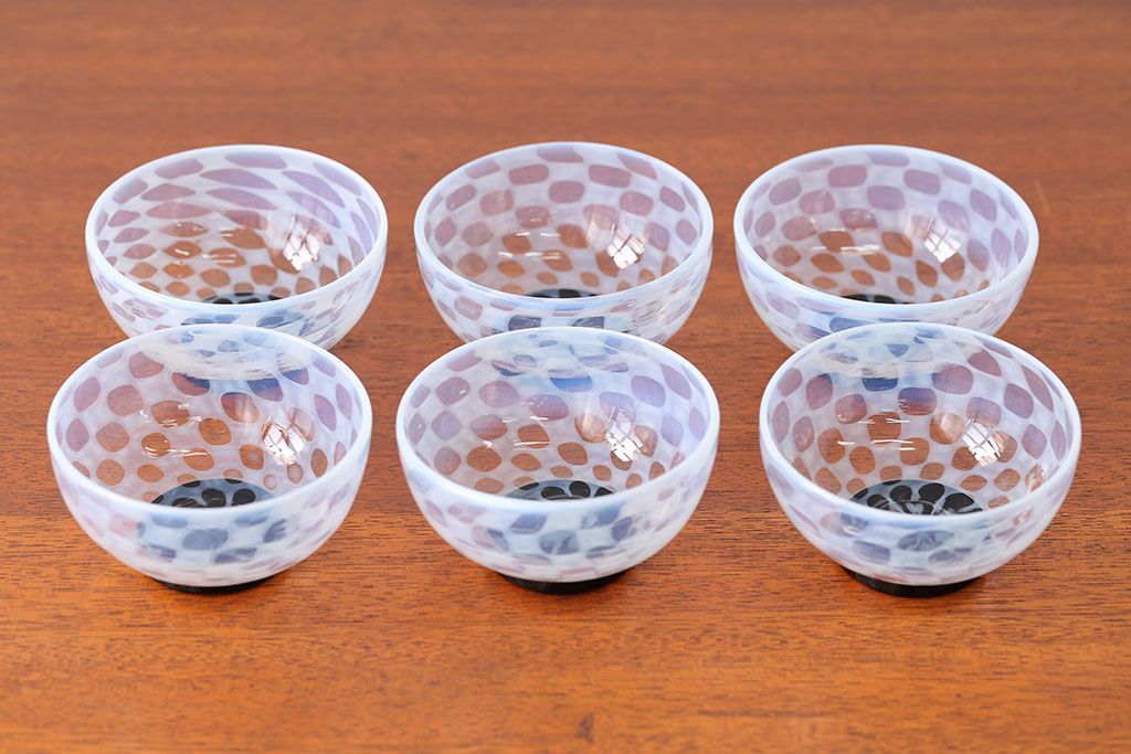 アンティーク雑貨　アンティーク　大正期・乳白市松文様エナメル高台小鉢6個セット(向付)