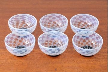 アンティーク雑貨　アンティーク　大正期・乳白市松文様エナメル高台小鉢6個セット(向付)