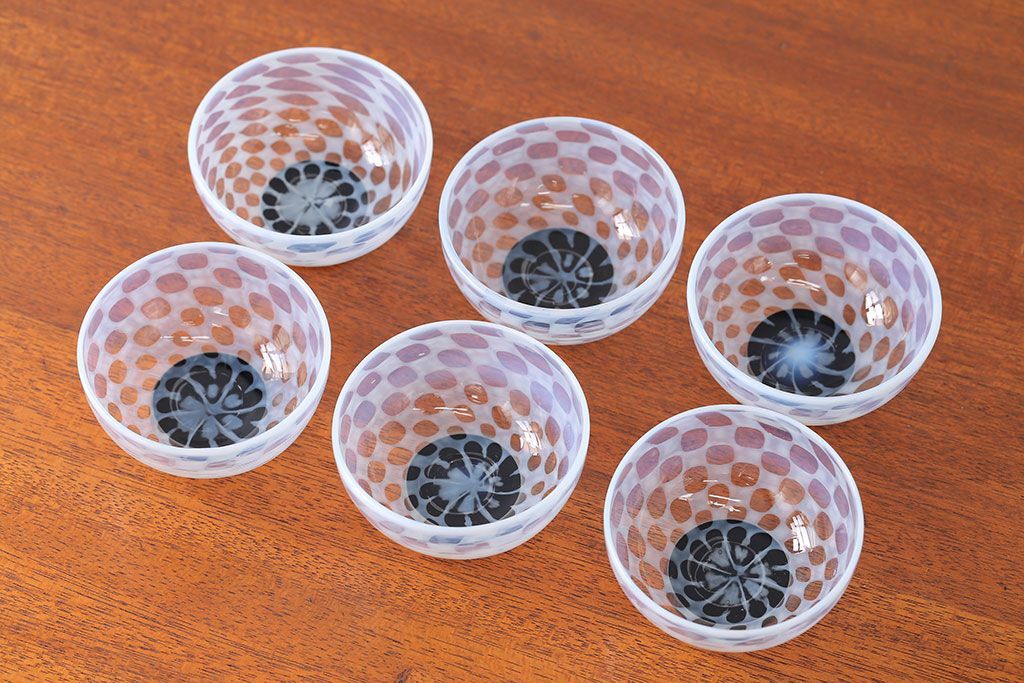 アンティーク雑貨　アンティーク　大正期・乳白市松文様エナメル高台小鉢6個セット(向付)