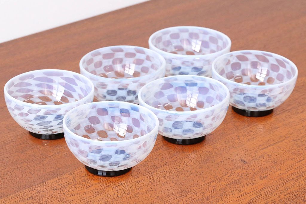 アンティーク雑貨　アンティーク　大正期・乳白市松文様エナメル高台小鉢6個セット(向付)