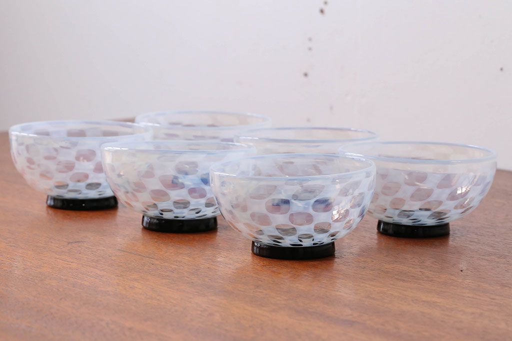 アンティーク雑貨　アンティーク　大正期・乳白市松文様エナメル高台小鉢6個セット(向付)