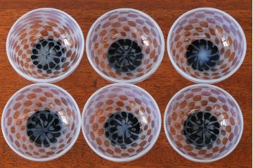 アンティーク雑貨　アンティーク　大正期・乳白市松文様エナメル高台小鉢6個セット(向付)